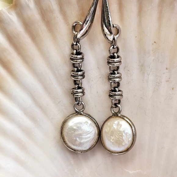 Sterling 925 ITALY Rolo Link Freshwater Pearl Drop Earrings - Picture 4 of 16